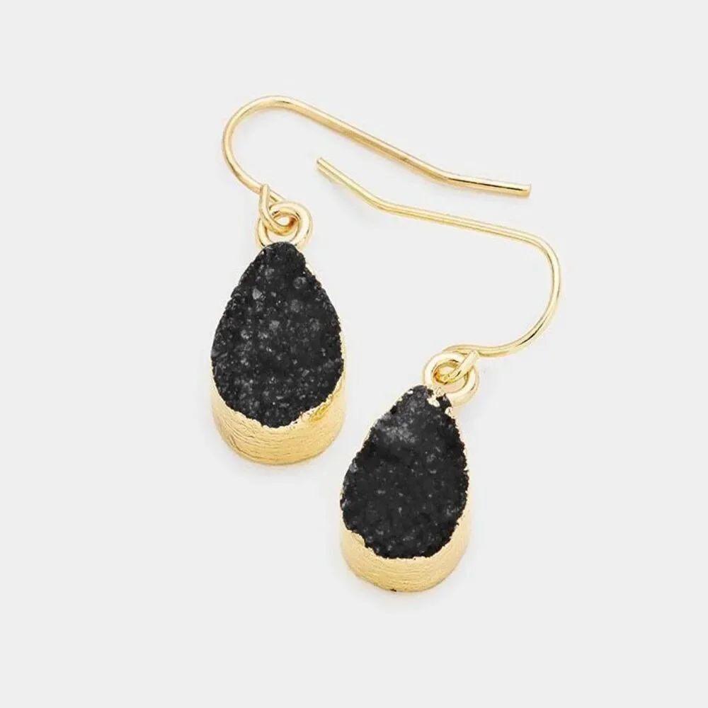 New Womens Boutique Genuine Black Druzy Gold Teardrop Dangle Earrings